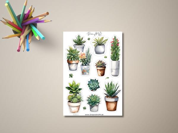 Sticker-Sheet mit Sukkulenten in verschiedenen Töpfen – handgefertigt und handgemalt